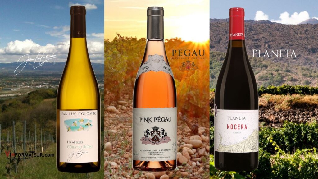 Trois bouteilles de vins en blanc, rosé et rouge: Jean-Luc Colombo, Les Abeilles, France, 2020, Pink Pégau, 2020, Planeta, Nocera, Sicile, 2018 et vignobles