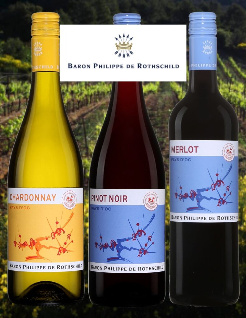 Bouteilles de Baron Philippe de Rothschild: Chardonnay 2020, Merlot 2020 et Pinot Noir 2020