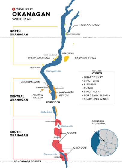 Carte viticole de la vallée de l'Okanagan