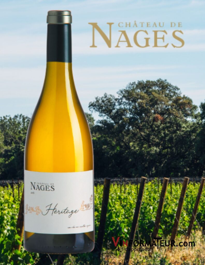 Bouteille de Château des Nages, Héritage blanc, Vieilles Vignes, France, Vallée du Rhône, Costières de Nîmes, Famille Gassier, vin blanc bio, 2019