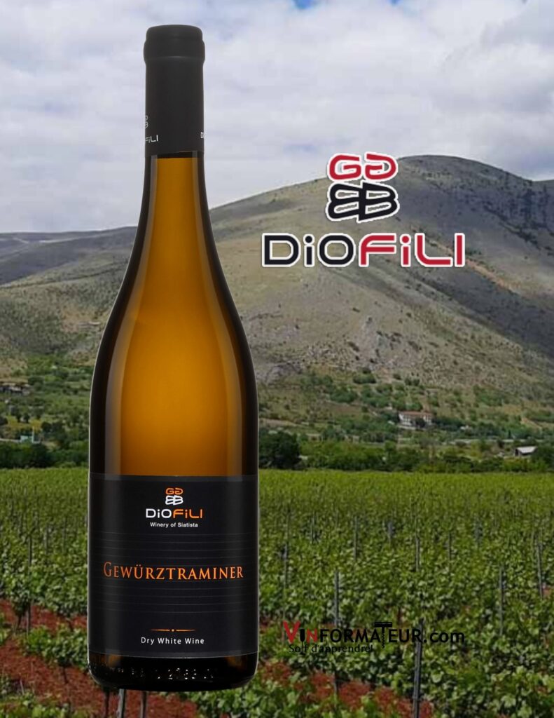 Bouteille de Diofili, Gewurztraminer, Grèce, Macédoine, Georgia Goutziamani-Ioannis Polizos, vin blanc, 2019