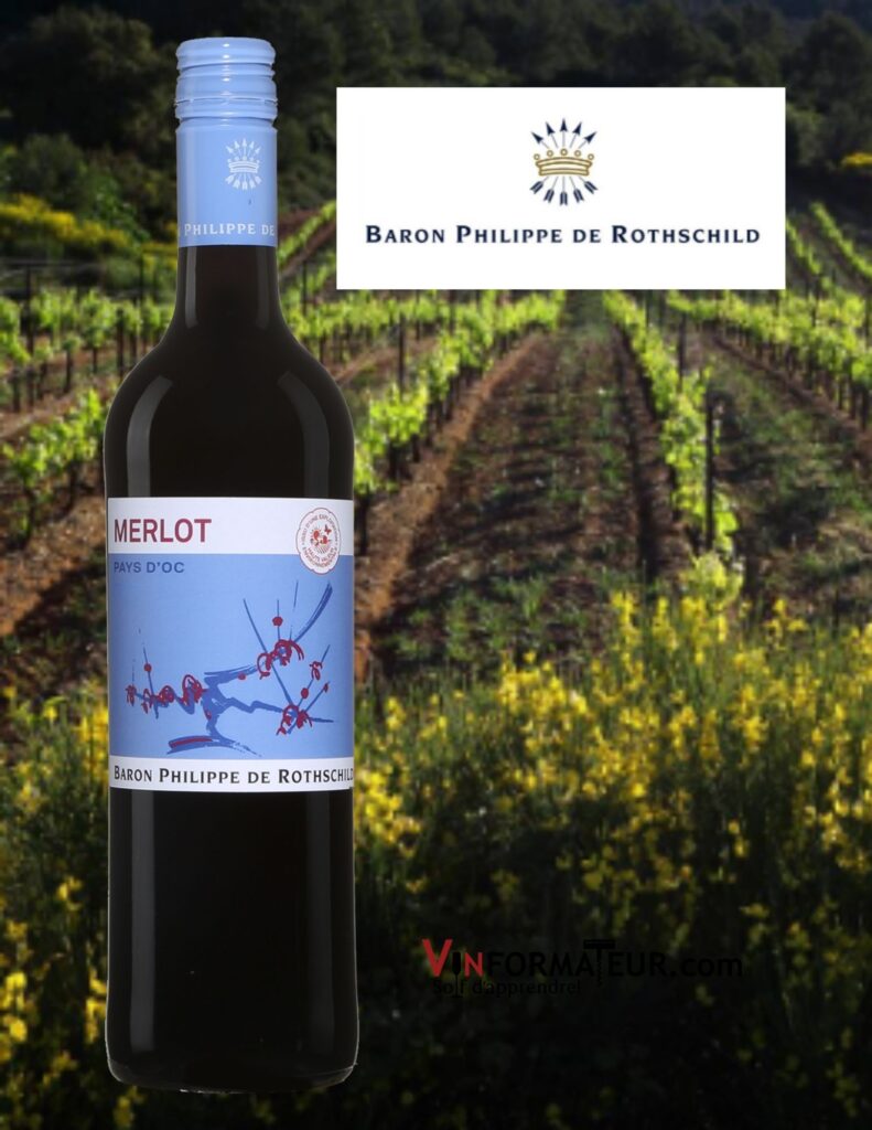 Bouteilles de Merlot, Baron Philippe de Rothschild, France, Pays d’Oc IGP, vin rouge, 2020