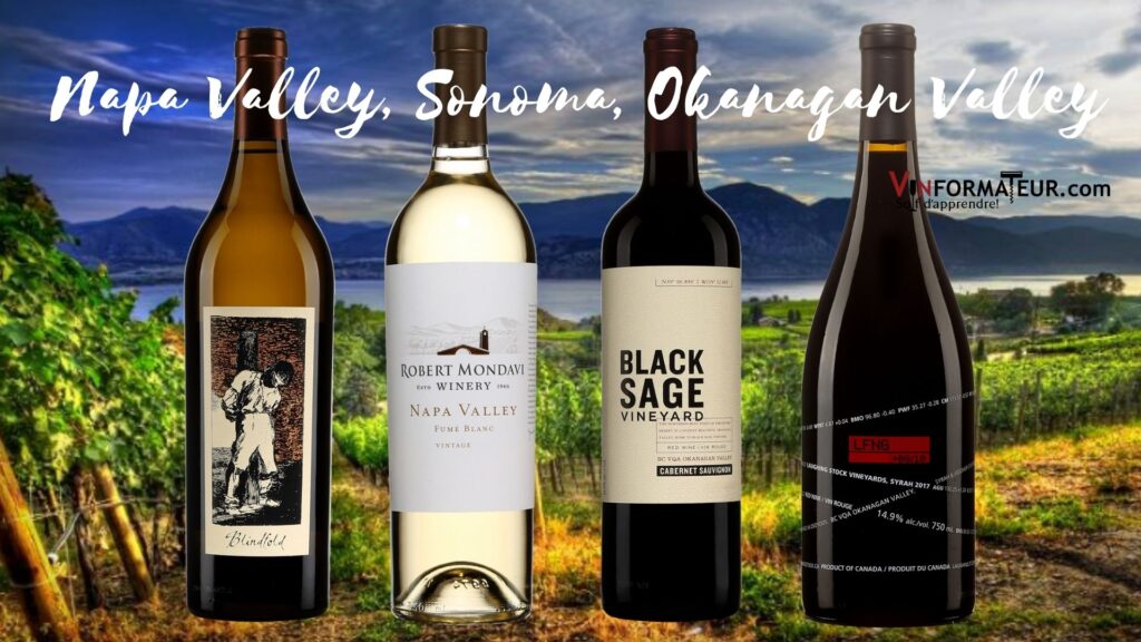 Bouteilles de Vins du Nouveau Monde: Robert Mondavi Fumé blanc Napa 2018, Blindfold white blend Sonoma 2019, Black Sage Cabernet Okanagan 2018, The Laughing Stock Syrah 2018.