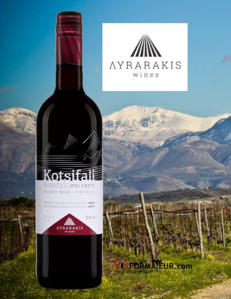 Bouteille de Kotsifali, Lyrarakis, vin rouge Vegan, Grèce, Crète IGP, 2019