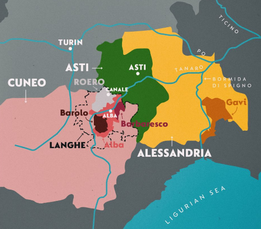 Carte viticole Barbera D'Asti Monferrato: source - Jeff Quinn Seven Fifty Daily