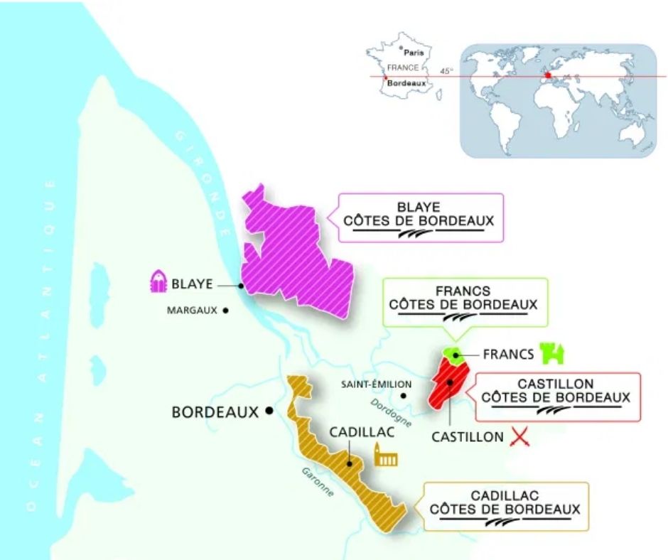 Carte viticole Côtes de Bordeaux