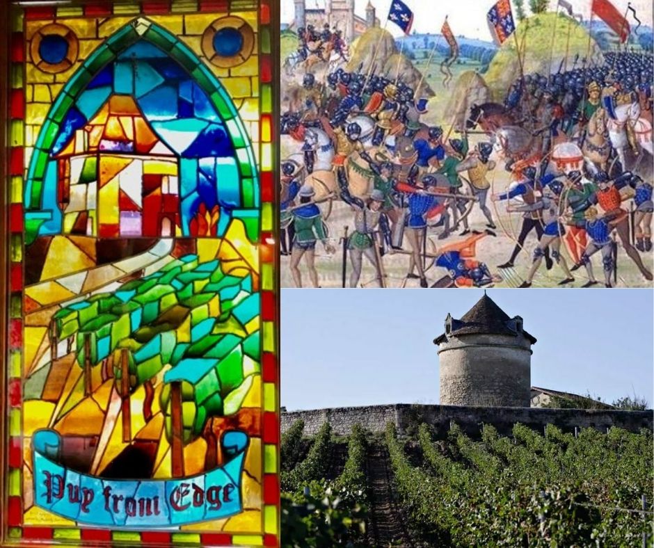 Origine du nom Puyfromage: bataille de Castillon, tour d'époque et vitrail Puy from Edge