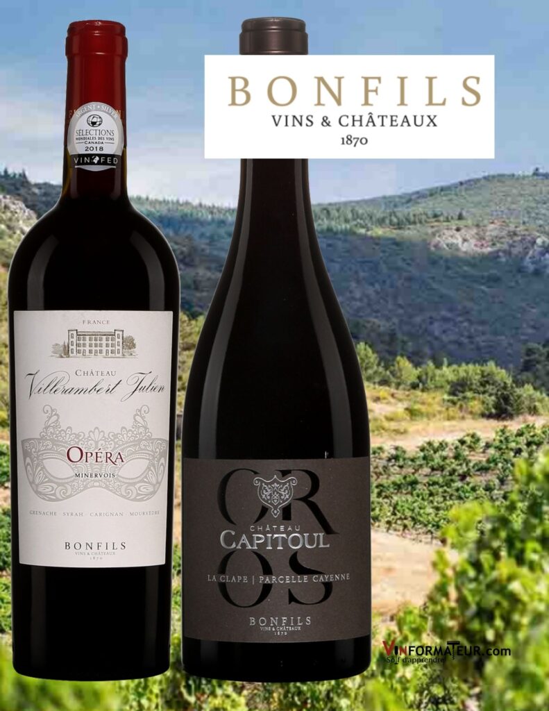 Bouteille de Vins La Clape et Minervois: Château Villerambert Julien, Opéra, Minervois, 2016, Château Capitoul, Oros, Cayenne, La Clape, 2018.