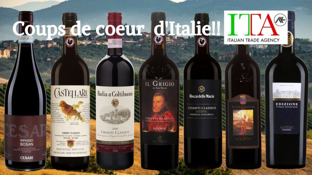 Bouteilles de Coups de coeur d'Italie: Bosan Ripasso, Castellare di Castellina Chianti 2019, Badia a Coltibuono Chianti 2018, Il Grigio Chianti Riserva, Rocca delle Macie, Chianti Riserva, Brunello Banfi, Edizione Cinque