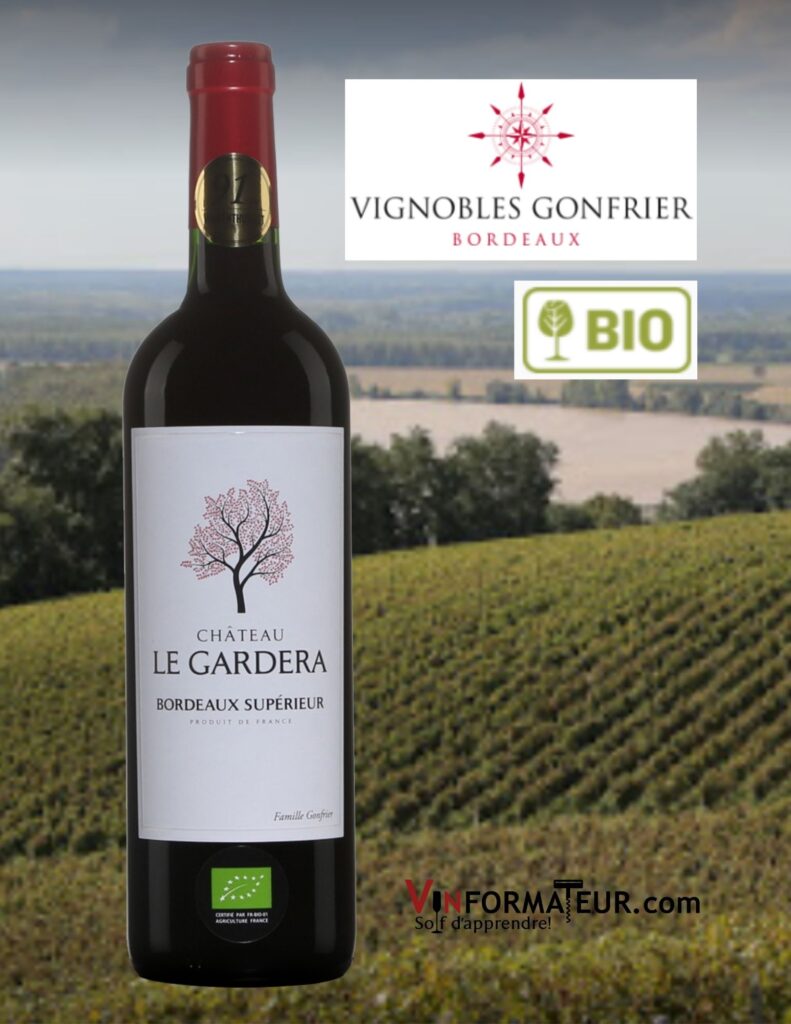 Bouteille de Château Le Gardera, Bordeaux Supérieur, vin rouge bio, 2018