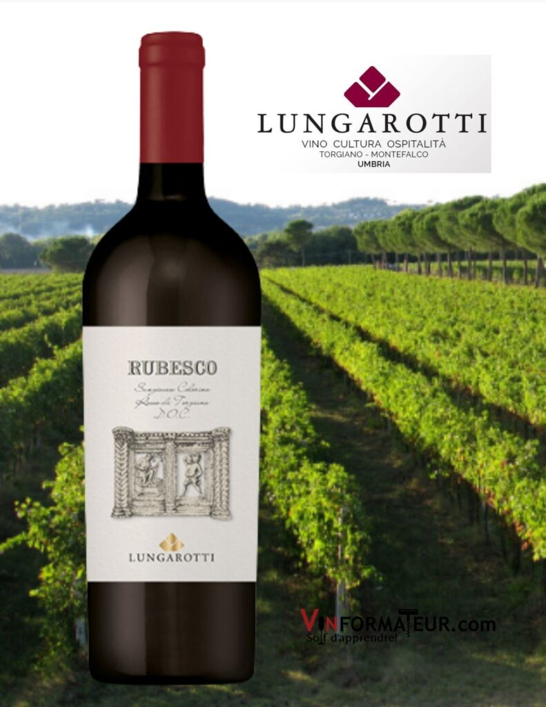 Bouteille de Rubesco, Sangiovese, Colorino, Rosso di Torgiano DOC, Ombrie, Lungarotti, vin rouge, 2018
