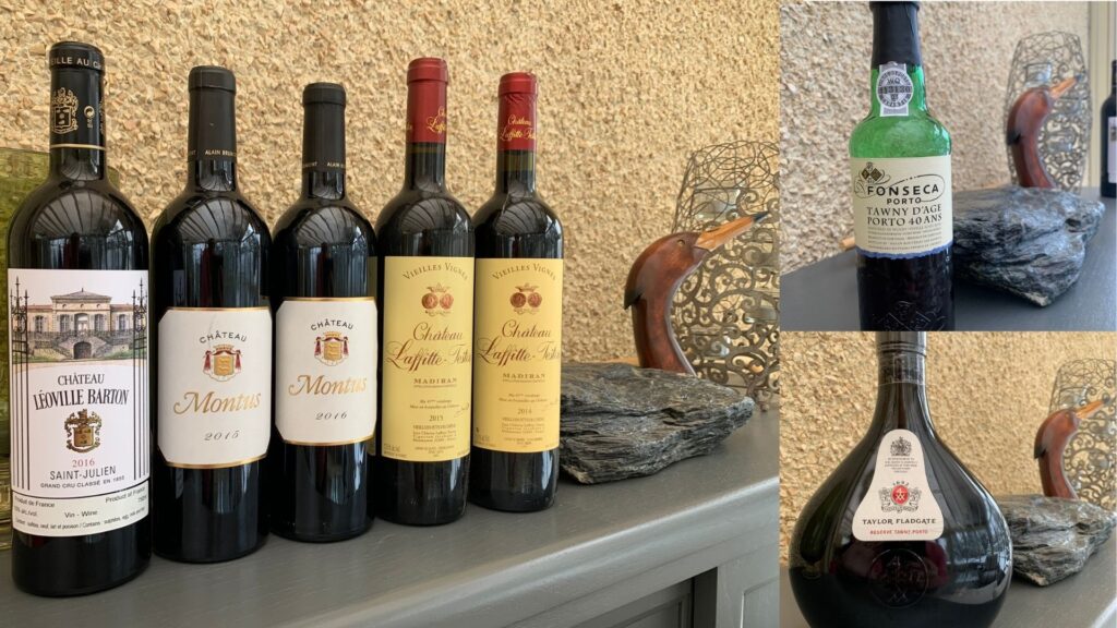 Bouteilles de Vins et Cassoulet: Moingeon Crémant, Leoville Barton Saint-Julien, Château Montus, Château Laffitte Teston, Fonseca 40 ans, Taylor Fladgate.