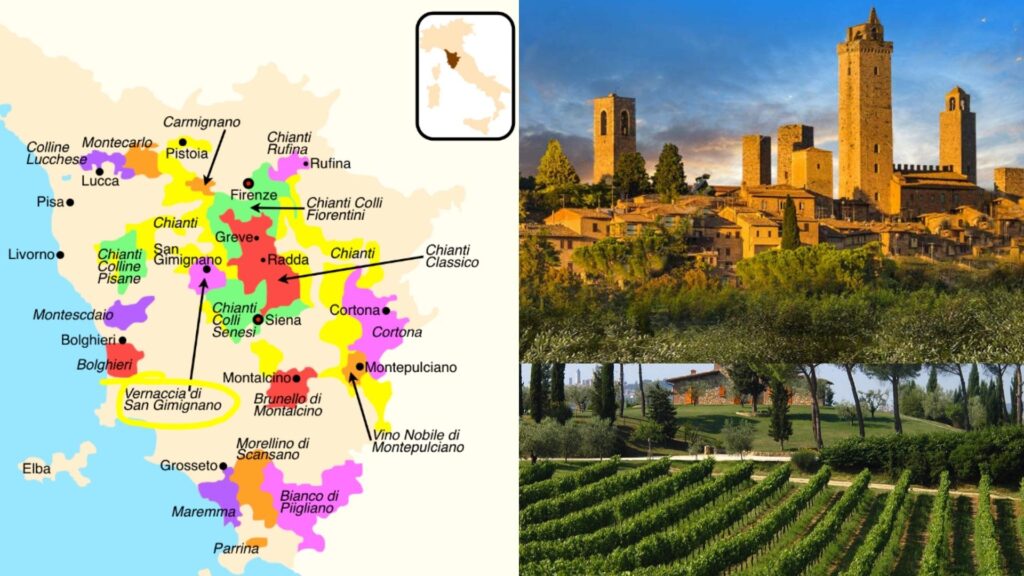 Carte viticole Toscane et Vernaccia di San Gimignano: source: Quentin Sadler 2011, village de San Gimignano, vignobles de Mormoraia.