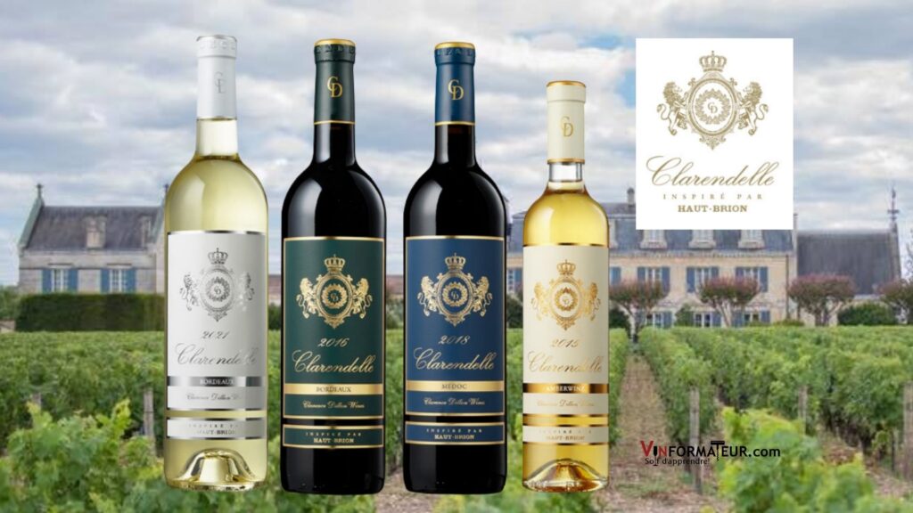 Bouteilles de Clarendelle, Inspiré Haut Brion: Bordeaux Blanc 2021, Bordeaux rouge 2016, Medoc 2018, Amberwine 2015.