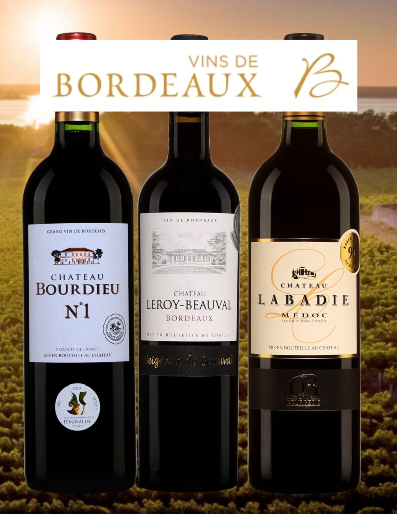Bouteilles de Château Bourdieu, No 1, Blaye Côtes de Bordeaux, 2018, Château Leroy-Beauval, Seigneur de Beauval, Bordeaux Supérieur, 2016, Château Labadie, Bordeaux, Médoc, Cru Bourgeois, 2015