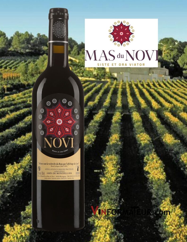 Bouteille de Mas du Novi, Prestige, France, Languedoc-Roussillon, Grés de Montpellier, vin rouge, 2014