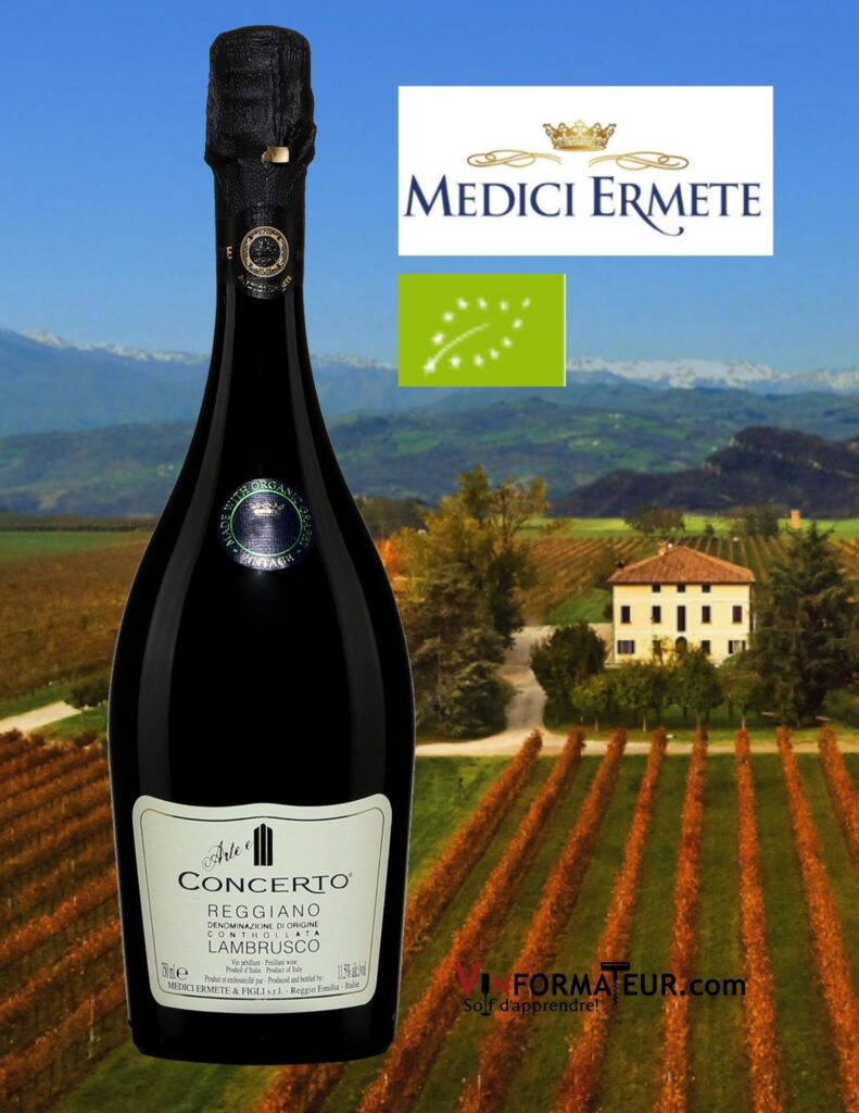 BOuteille de Concerto Reggiano, Lambrusco, Italie, Emilie-Romagne, vin rouge effervescent bio, 2021