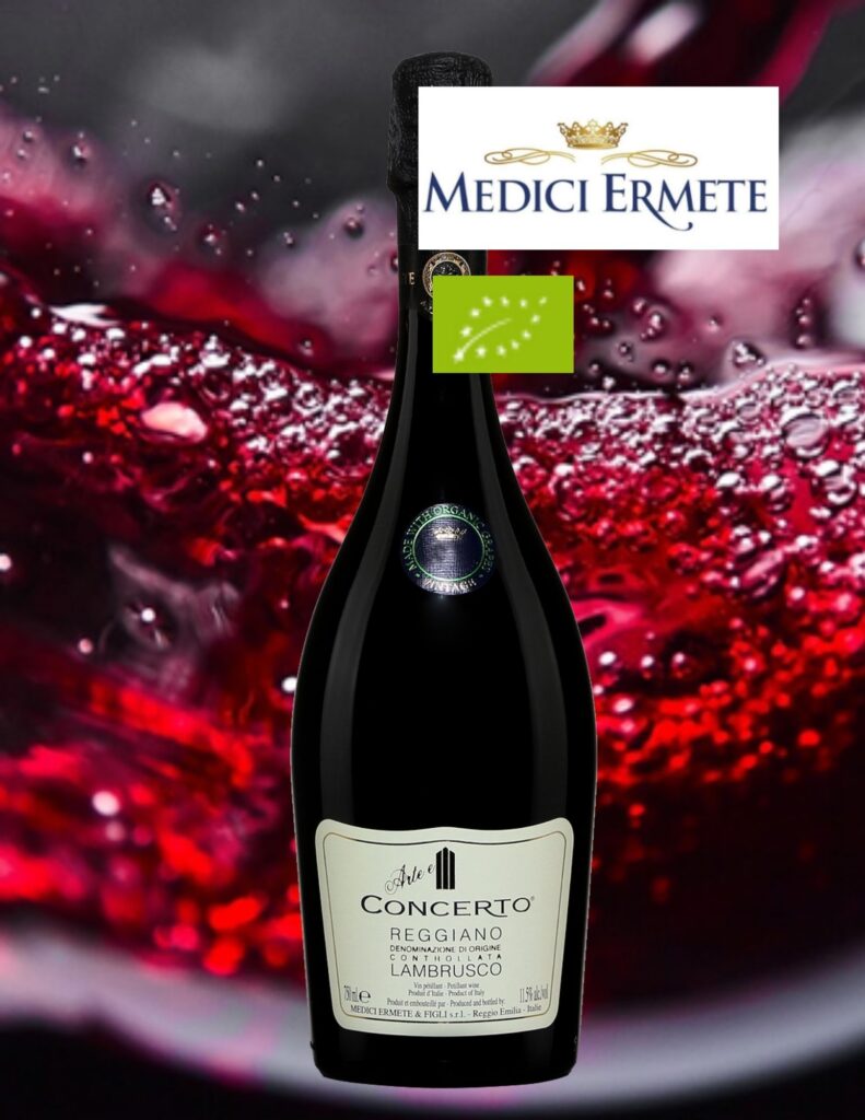 Bouteille de Concerto Reggiano, Lambrusco, Italie, Emilie-Romagne, vin rouge effervescent bio, 2021
