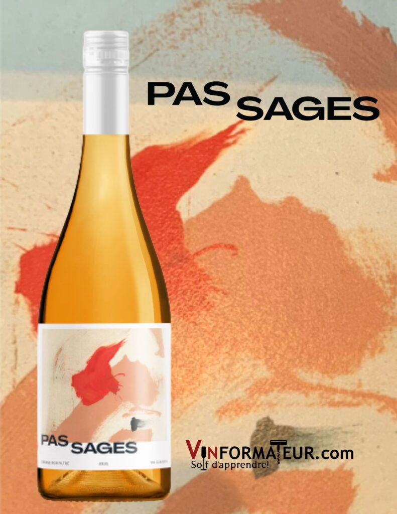 Bouteille de Pas Sages, vin orange, non filtré, Ontario