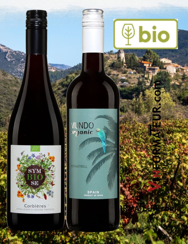 Deux vins rouges bio sous la barre des 15$. Mundo Organic, Monastrell, 9,70$ Bodegas Castano, Symbiose, Corbières 13,00$, Grands Chais de France. Bouteilles