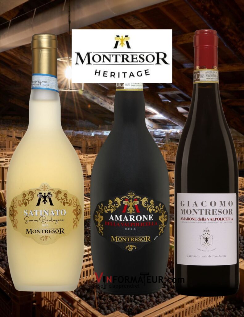 Bouteilles de Montresor: Nouveau Satiano Soave 2021 18,60$, Montresor Amarone 34,25$, Giacomo Amarone Il Fondatore 62,25$.