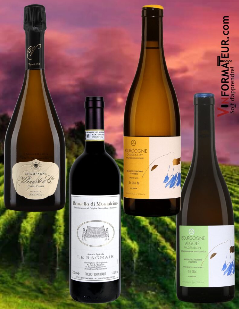 Bouteiulles de Champagne Vilmart, Athénais Aligoté, Athénais Chardonnay, Le Ragnaie Brunello