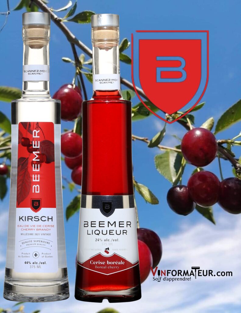 Bouteilles de Beemer, liqueur de cerise boréale, Kirsch, eau de vie de cerise élaborées avec des cerises du Lac St-Jean.
