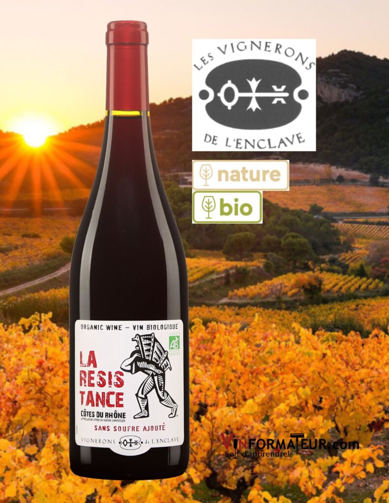 La Résistance, Côtes du Rhône, vin rouge bio et vegan, sans soufre ajouté, Vignerons de l’enclave, 2021 bouteille de vin