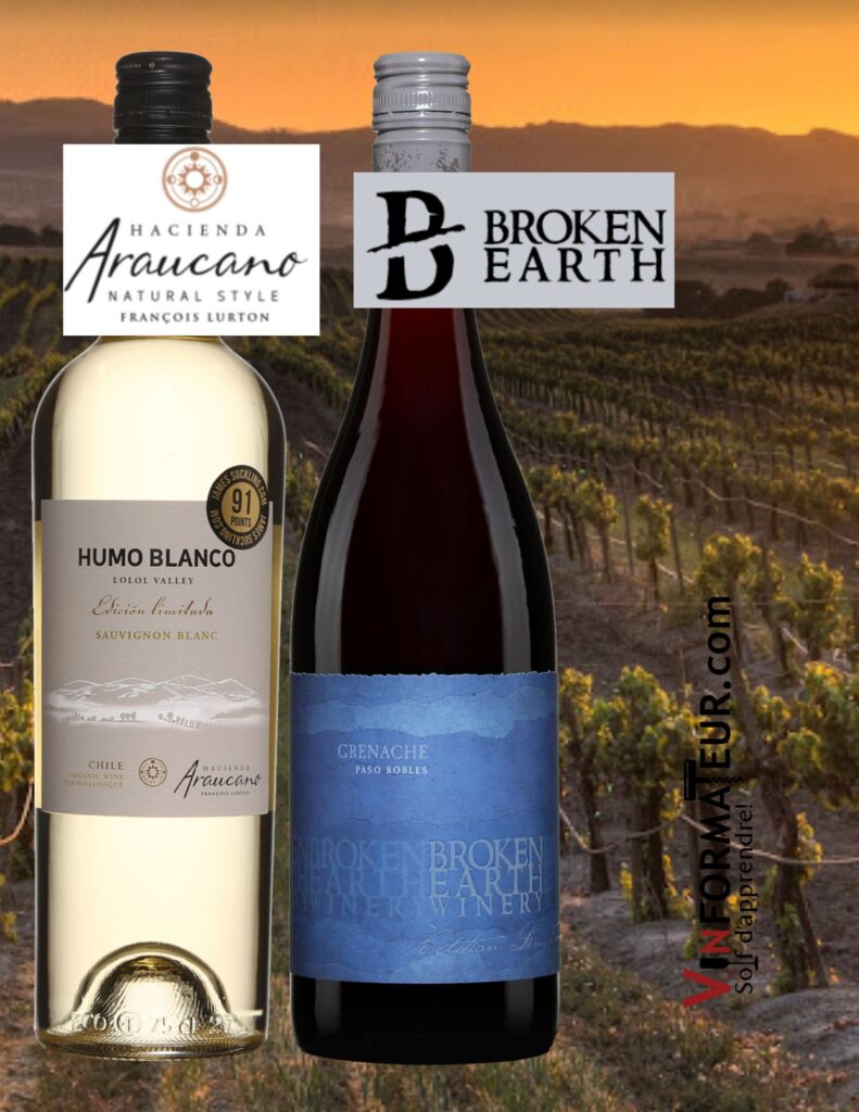Humo Blanco, Araucano, Sauvignon blanc, Edicion Limitada, Chili, 2020, Broken Earth, Édition Limitée, Grenache, Californie, Paso Robles, vin rouge, 2017. bouteilles
