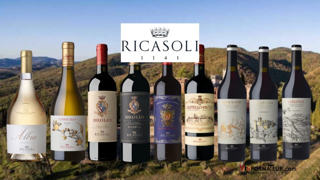 Ricasoli: Rosé Albia, Toricella Chardonnay, Brolio Chianti Classico dont un Riserva, Rocca Guicciarda Riserva et 4 Gran Selezione Castello di Brolio, Roncicone, Ceniprimo et Colledila. bouteilles