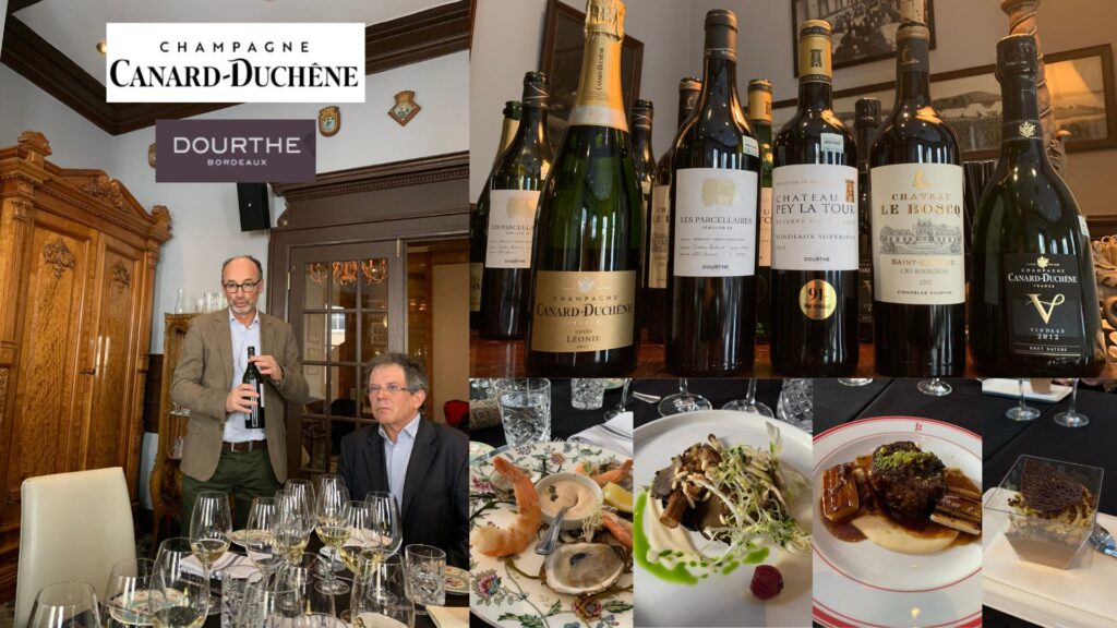 Dégustation des vins de la maison Dourthe et les champagnes Canard-Duchêne: Laurent Fedou Chef de Caves, Guillaume Mulliez Directeur à l'Export, vins dégustés, plats du restaurant Bar Georges, Montréal.