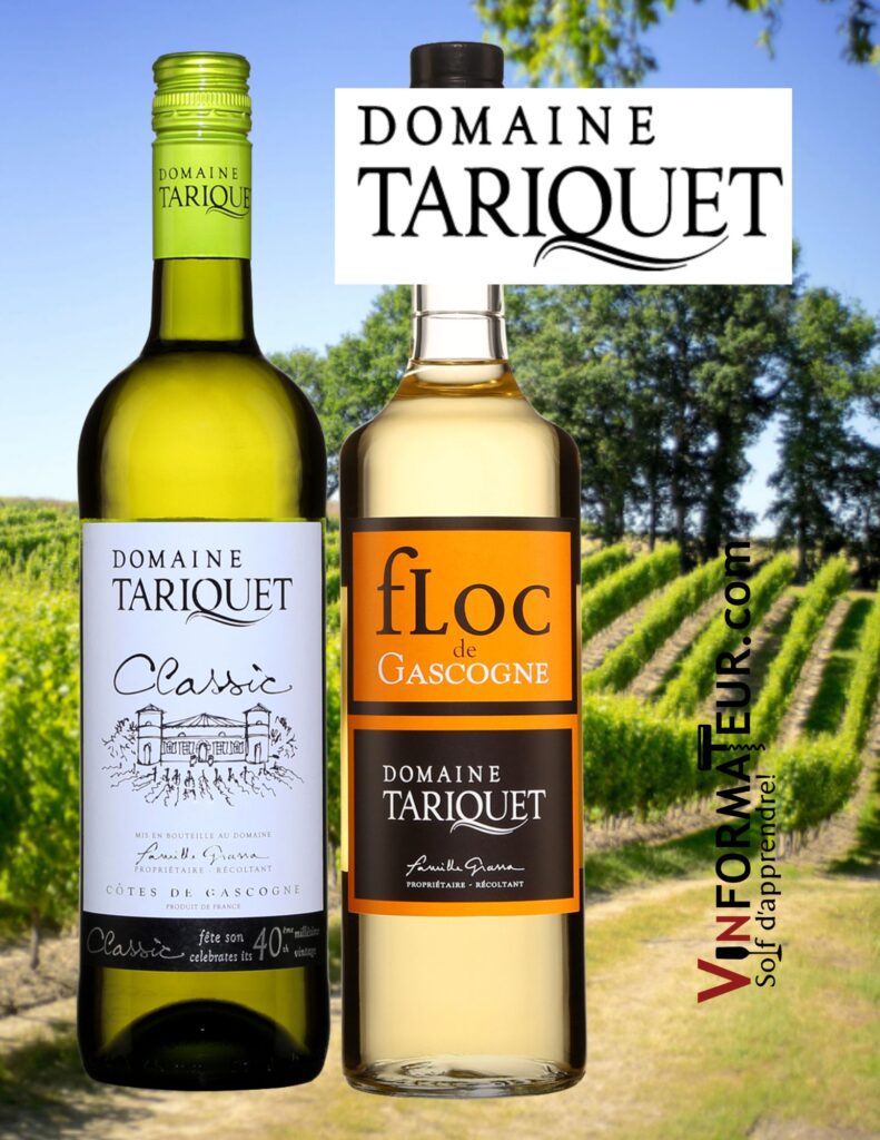 Domaine Tariquet: Classic, France, Sud-Ouest, Côtes-de-Gascogne, vin blanc, 2021, 14,00$, Floc-de-Gascogne, France, Sud-Ouest, 27,00$.bouteilles