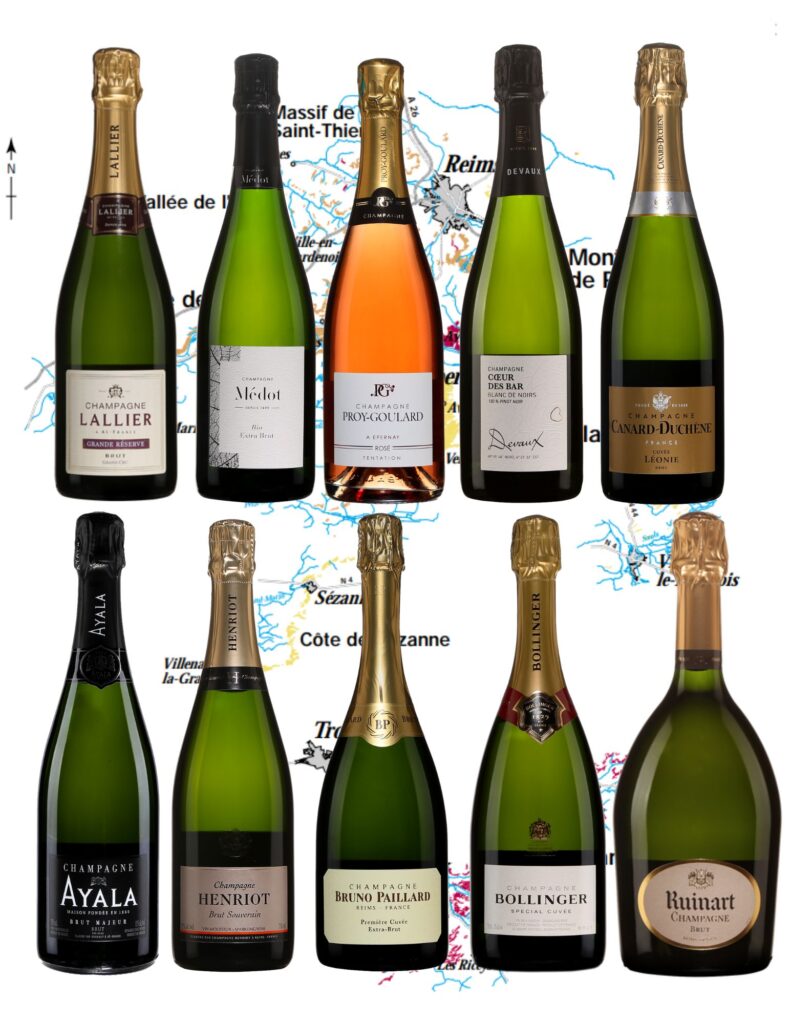 Champagnes: Lallier, Grand Cru Brut, Médot, extra brut, Proy-Goulard rosé brut, Devaux Brut, Canard-Duchesne brut, Ayala, Brut, Henriot brut, Paillard, extra brut, Bollinger, brut, Ruinart brut. bouteilles