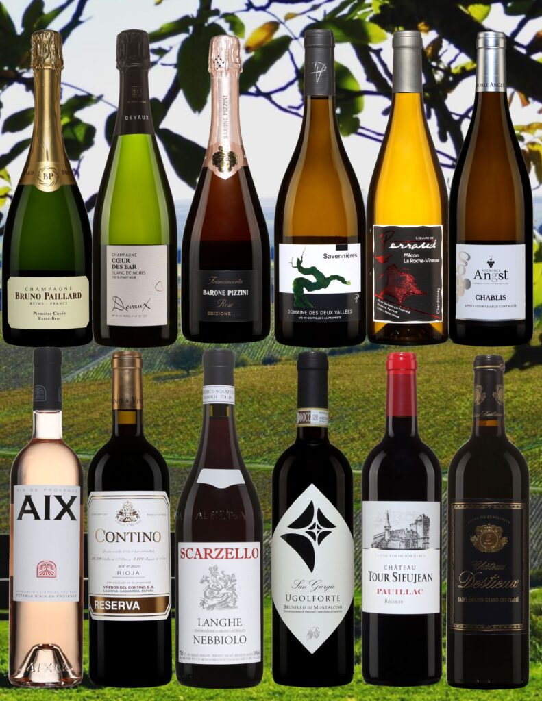 Champagne Devaux, Champagne Bruno Paillard, Barone Piccini Franciacorta, Domaine des deux Vallées, Domaine Perraud, Vignoble Angst, Aix rosé, Contino Reserva, Scarzello, Ugolforte, Chateau Tour Sieujean, Chateau Destieux. bouteilles