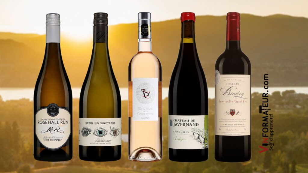 Coups de coeur: Sperling Chardonnay 2018, Rosehall Run Chardonnay 2017, Bastide de la Ciselette rosé, Château Bénitey 2018, Château de Javernand 2020. bouteilles