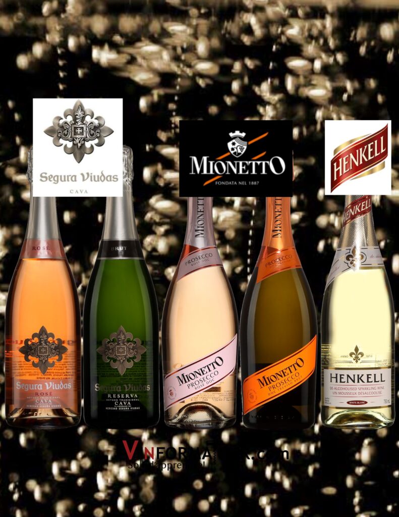 Segura Viudas, Cava, Reserva, Brut, Segura Viudas, Cava Rosé, Brut, Mionetto, Prosecco DOC Treviso, Brut, Mionetto, Prosecco DOC Rosé, Millesimato, Extra Dry, Henkell, Vin blanc mousseux désalcoolisé. bouteilles