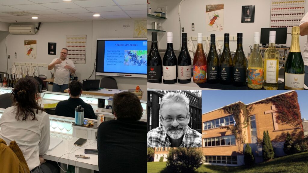 Dégustation des vins du Domaine St-Jacques à l'École Hotelière des Laurentides durant les cours de Sommellerie. Luc Rolland (gauche) et Jean Beaudin Maître Sommelier et professeur (centre), école EHDL. 