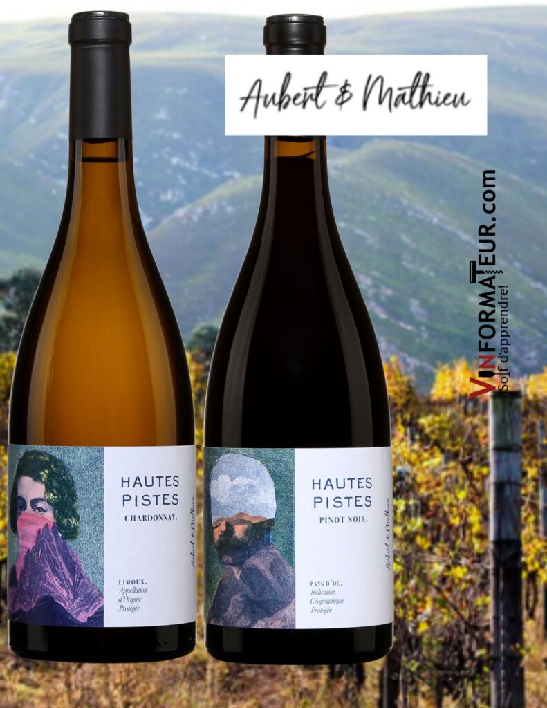 Hautes Pistes par Aubert & Mathieu: Chardonnay, Languedoc, Limoux, 2021, 18,90$, Pinot Noir, Languedoc, IGP Pays d’Oc, 2021, 18,90$. bouteilles
