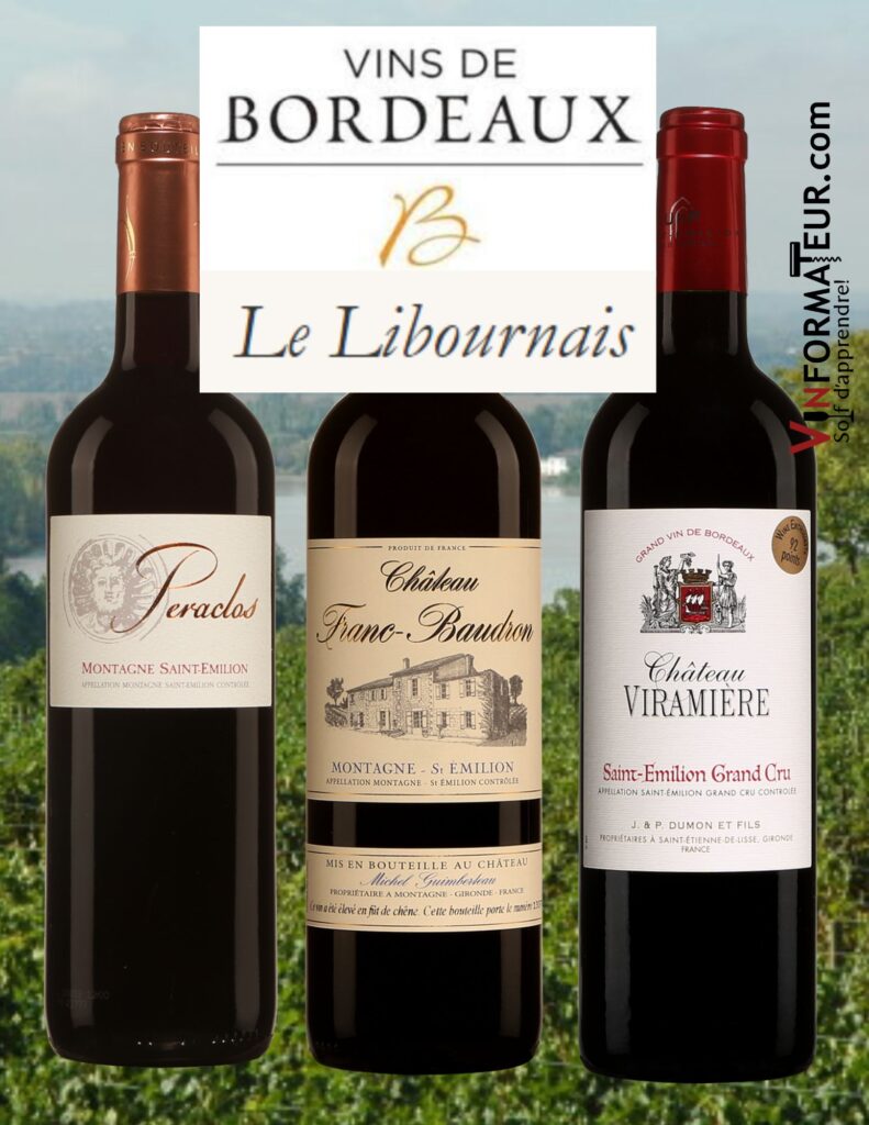 Libournais: Peraclos, Montagne Saint-Émilion 2019, Château Franc-Baudron, Montagne-St-Émilion 2018, Château Viramière, Château Saint-Émilion Grand Cru 2018. bouteilles
