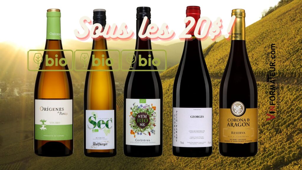 Cinq vins sous les 20$: Origenes de Paniza 2021, Wolfberger, Typiquement Sec 2021, Symbiose Corbières 2021, Georges, Côtes du Roussillon 2015, Corona D Aragon, Reserva 2018. bouteilles