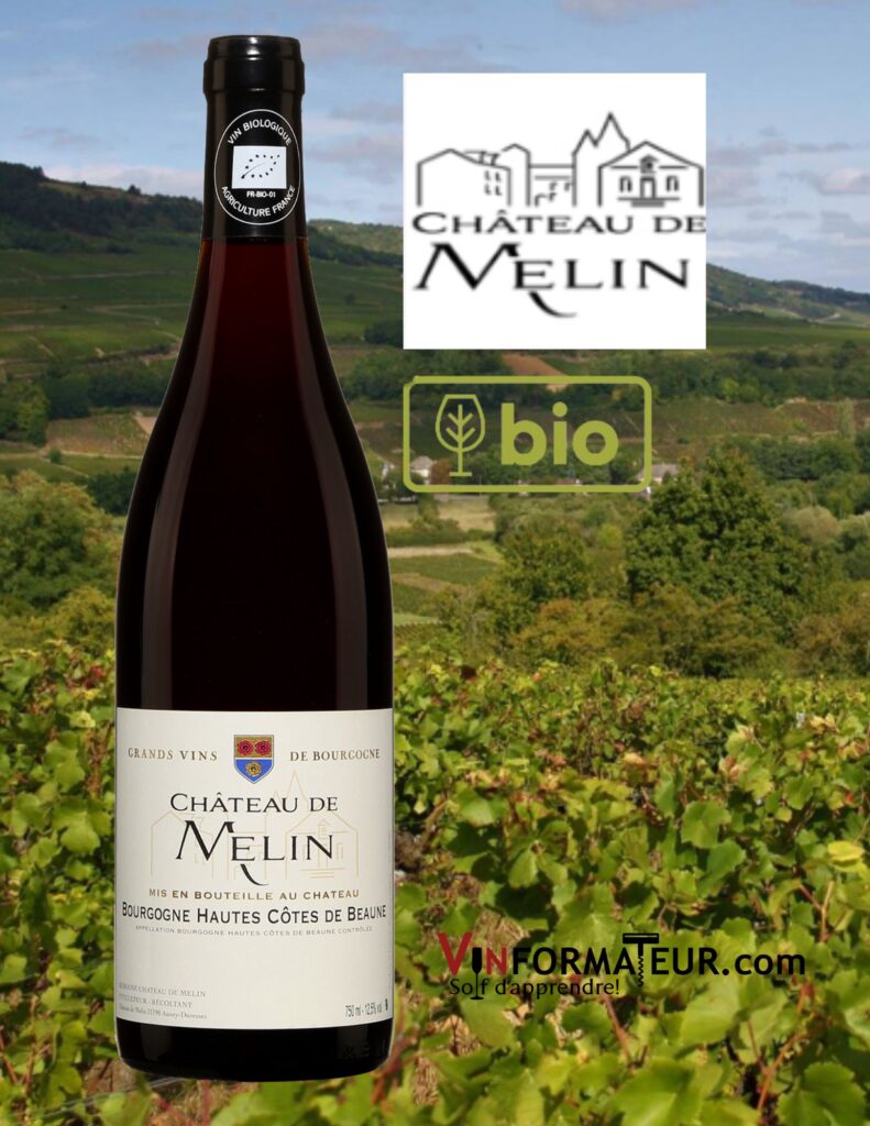 Château de Melin: Bourgogne Hautes Côtes de Beaune, vin rouge bio, 2020, 29,90$, cépage : Pinot Noir 100%. bouteille