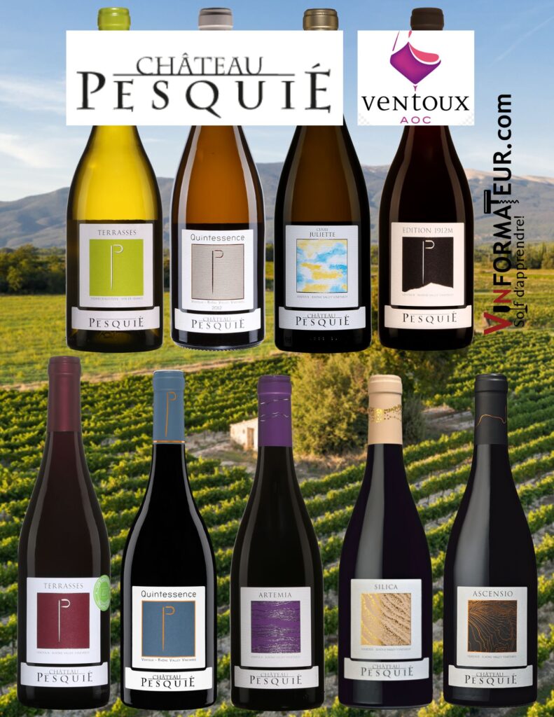Château Pesquié de l'appellation Ventoux: Les vins Terrasses en blanc et rouge, Quintessence en blanc et rouge, cuvés Juliette, Edition 1912m, Artemia, Silica et Ascensio. bouteilles