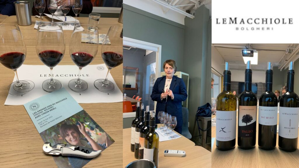 Dégustation des grands vins du domaine Le Macchiole, Bolgheri. Cinzia Merli et les vins dégustés. 