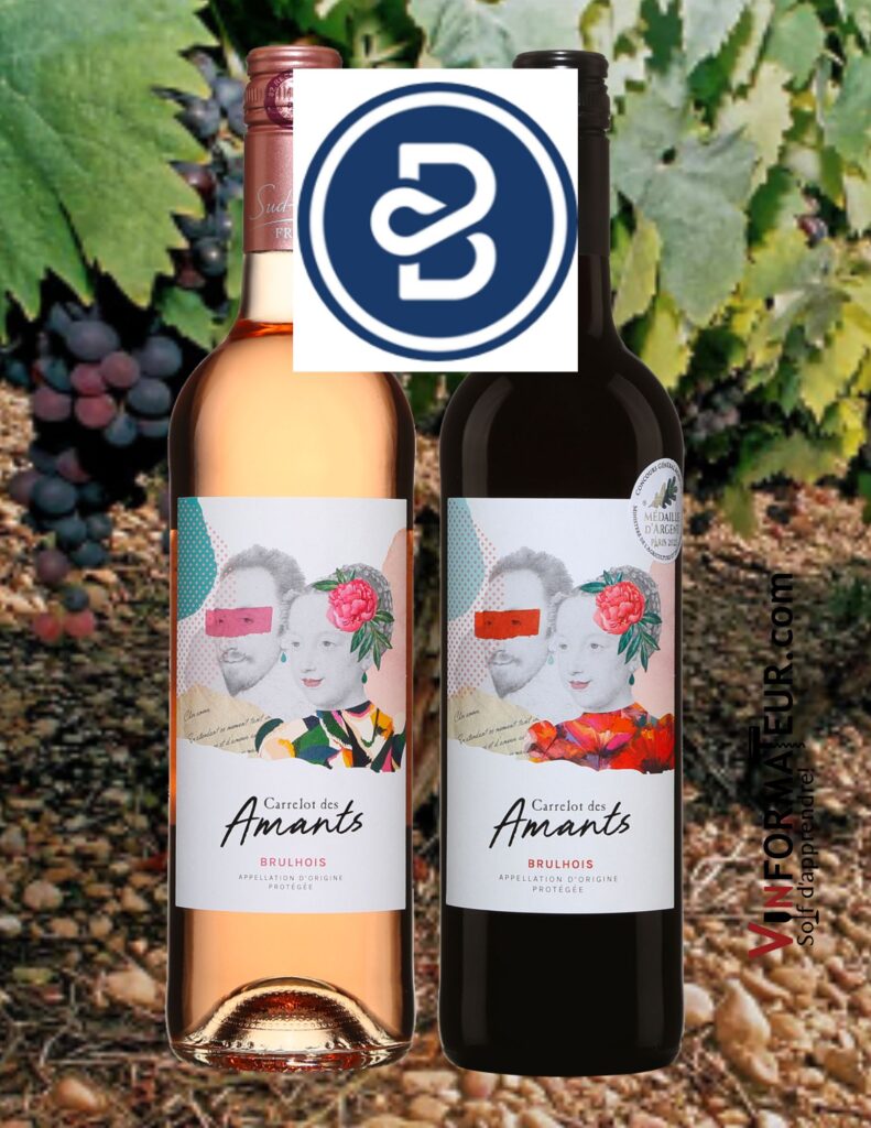Carrelot des Amants: Vin Rosé, Les Vignerons du Brulhois, 2022, 13,05$, cépages : Merlot 65% ; Cot 25% ; cabernet franc 10 %, 2020, Rouge, 13,40$, cépages : Merlot 40% ; Tannat 25%, Cabernet franc 20%, Cabernet-Sauvignon 10%, Abouriou 5%. bouteilles