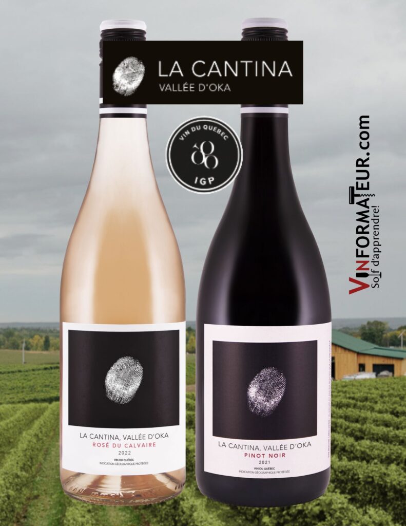 La Cantina: Rosé du Calvaire, 2022, 20,00$, cépages : Chardonnay 45%, Pinot noir 24%, Vidal 19%, Riesling 12%, Pinot Noir, 2021, 25,95$, cépages : Pinot Noir 100%. bouteilles