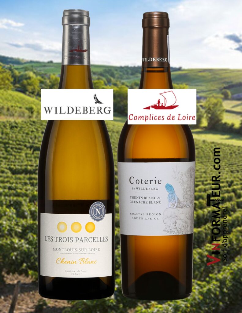 Chenin blanc: Complices de Loire, Montlouis-sur-Loire, Les trois parcelles, vin blanc, 2021, 21,05$, Coterie, Chenin blanc & Grenache blanc, Afrique du Sud, Western Cape, vin blanc, 2021, 25,20$. bouteilles