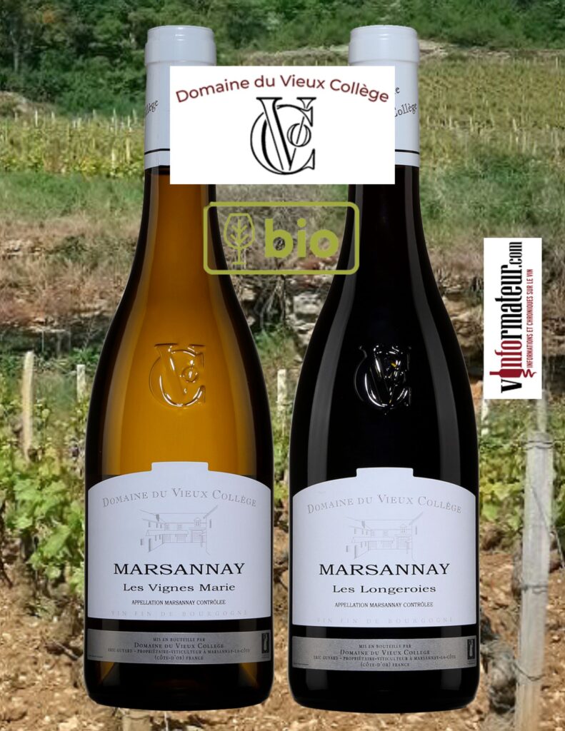 Domaine du Vieux Collège: Lieux dit Les Vignes Marie, Bourgogne, Marsannay, vin blanc bio, 2020, 44,00$, Lieux dit Les Longeroies, Bourgogne, Marsannay, vin rouge bio, 2020, 46,50$. bouteilles