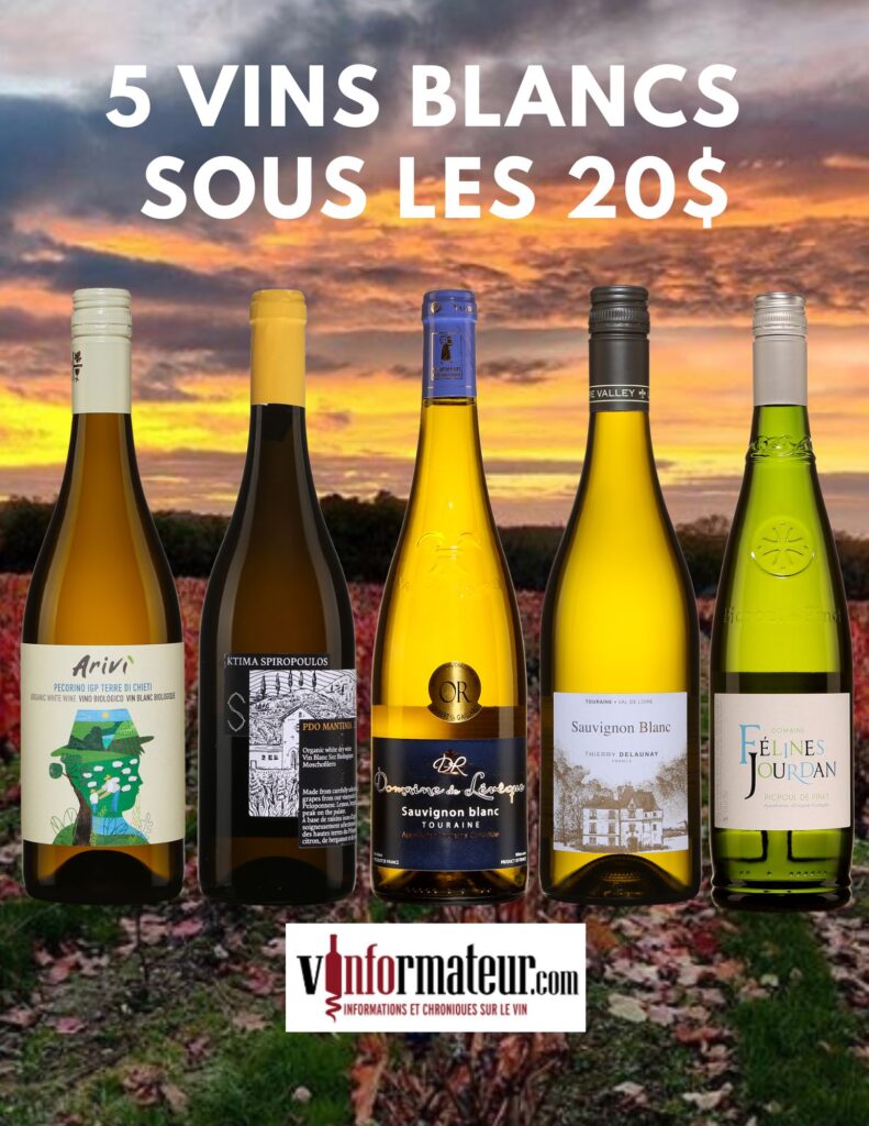 Arivi, Pecorino, Ktima Spiropoulos, Moschofilero, Sauvignon blanc, Domaine de Lévêque, Thierry Delaunay, Sauvignon blanc, Félines Jourdan, PicPoul de Pinet. bouteilles
