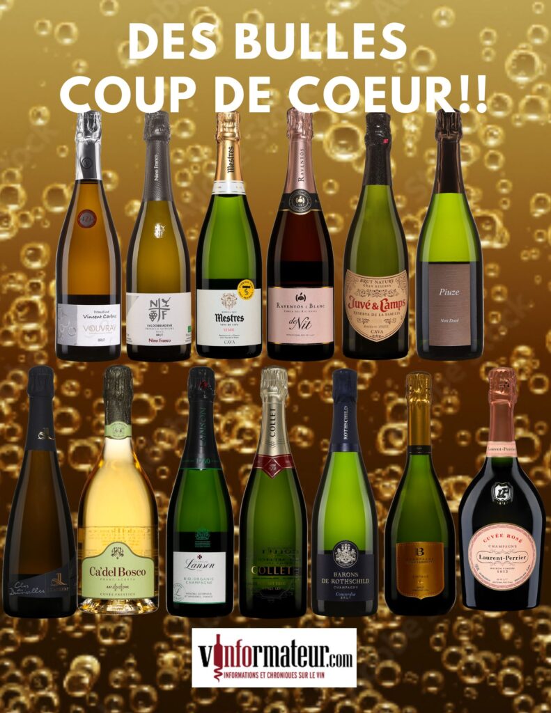 Bulles: Vincent Carême Vouvray, Nino Franco, Prosecco, Mestre, Visol, Cava, Raventos i Blanc, Juvé Y Camps Cava, Patrick Piuze, Non dosé, J. Laurens, Clos Des Demoiselles, Ca'del Bosco, Cuvée Prestige, Champagne Lanson Père et Fils, Champagne Collet, Champagne Barons de Rothschild, Champagne Forget-Brimont, Champagne Laurent Perrier. bouteilles
