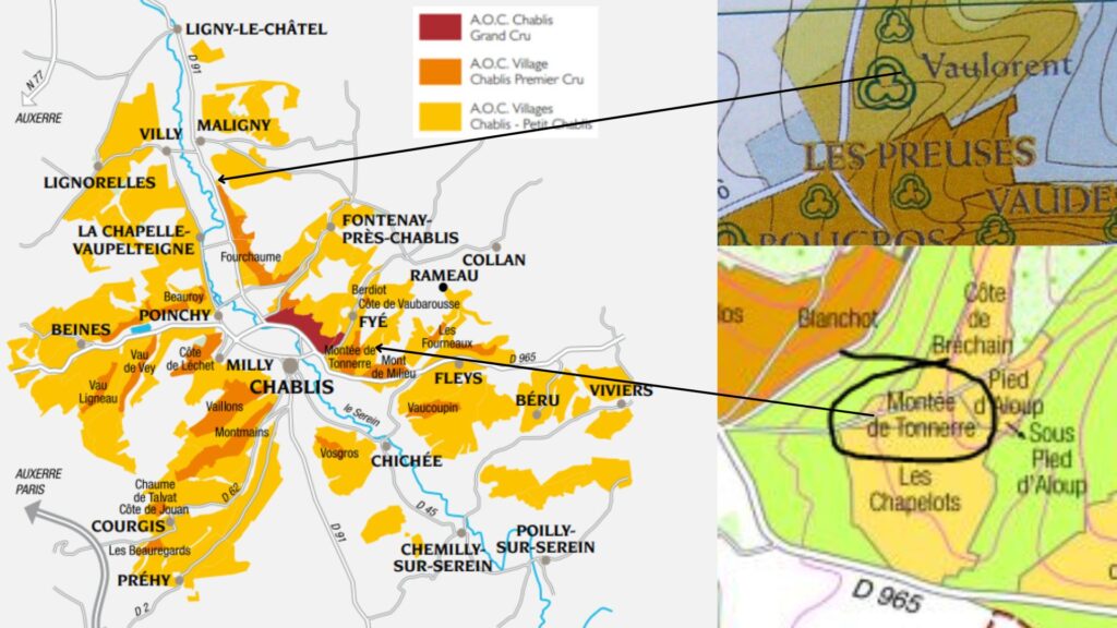 Carte de Chablis - premier crus Vaulorent et Montée de Tonnerre